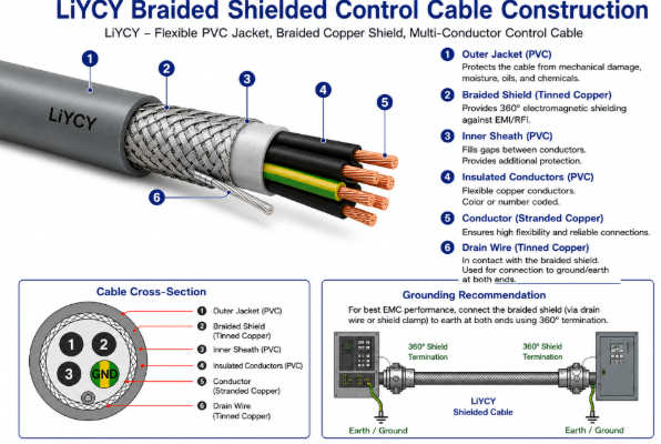 Detailed cross-section diagram of shielded sensor cable showing conductors, foil shield, braid, drain wire and jacket for industrial EMI protection
