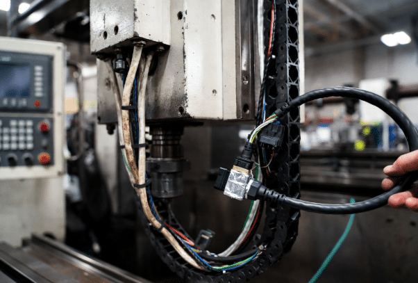 Professional view of legacy industrial CNC machine with new high-flex shielded servo cables installed in drag chain, showing improved modern cabling solution for better performance and reliability in automation retrofit