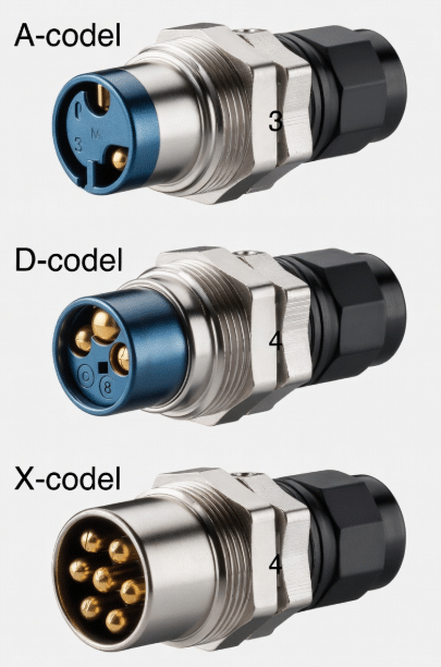 Close-up of different M12 connector codings showing keying patterns for safe sensor and data connections in industrial automation