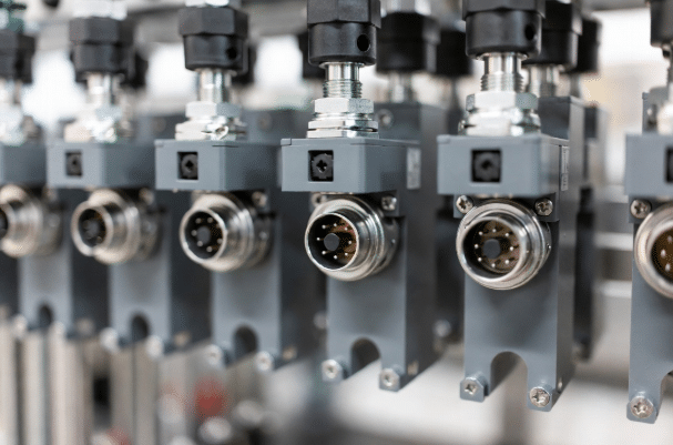 Multiple M8 connectors attached to small sensors highlighting compact size advantage in tight industrial machine spaces