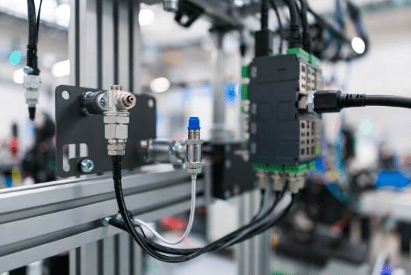 Side-by-side view of M8 and M12 sensor cables with connectors on sensors and IO modules in factory automation environment, highlighting size differences for choosing the right sensor cable