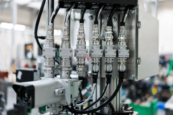 Close-up of industrial machine vision cameras linked via robust shielded cables with screw-lock connectors to a control cabinet in a manufacturing environment