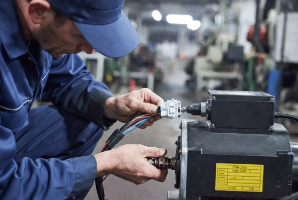 Factory technician inspecting and maintaining a high-flex hybrid servo cable assembly on servo motor in automation system, emphasizing reliability and lifecycle considerations for CNC applications