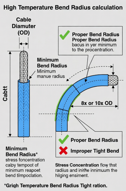 Engineering diagram illustrating proper vs improper bend radius for high-temperature silicone cables, showing cable diameter multiplier, stress distribution, and recommended sweeping curves for confined industrial routing