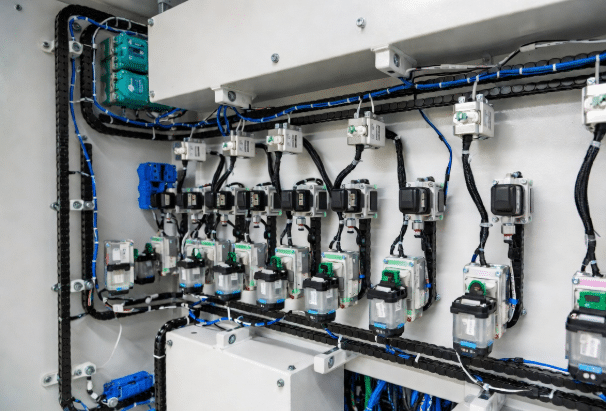 Technical overview showing organized modular sensor cable assemblies with PUR jackets routed through drag chains and connected to multiple sensors in a modern OEM machine design for reliable industrial performance