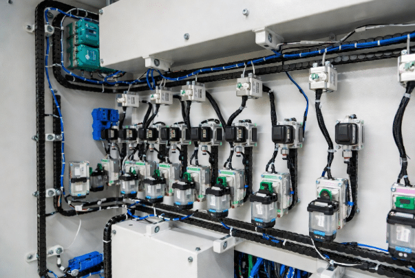 Technical overview showing organized modular sensor cable assemblies with PUR jackets routed through drag chains and connected to multiple sensors in a modern OEM machine design for reliable industrial performance