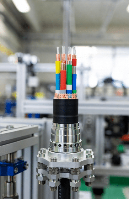 Close-up professional photograph of high-flex multi-core sensor cable with visible power, signal, and diagnostic conductors inside durable jacket, installed on industrial automation equipment demonstrating clean combined wiring solution