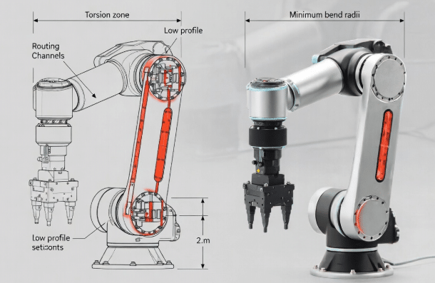 Technical illustration of compact robot arm highlighting tight internal channels, hinges, and torsion zones with annotations for bend radius and motion constraints in robotic applications