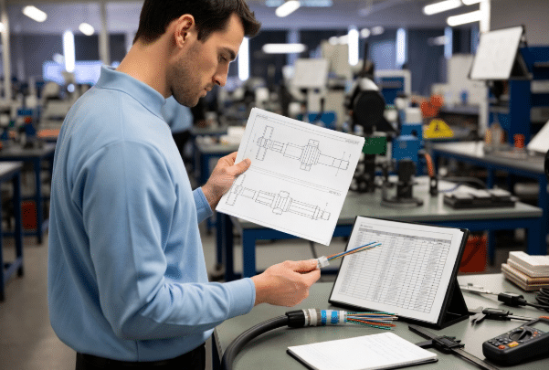 Technical engineer examining detailed cable drawings, BOM, and physical prototype sample on workbench with testing tools, illustrating best practices in custom cable prototype process for OEM teams