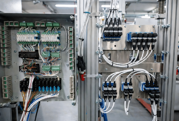 Professional view contrasting cluttered traditional panel wiring with organized modular sensor cable assemblies using M8/M12 connectors on industrial machinery, highlighting cleaner design for OEM automation