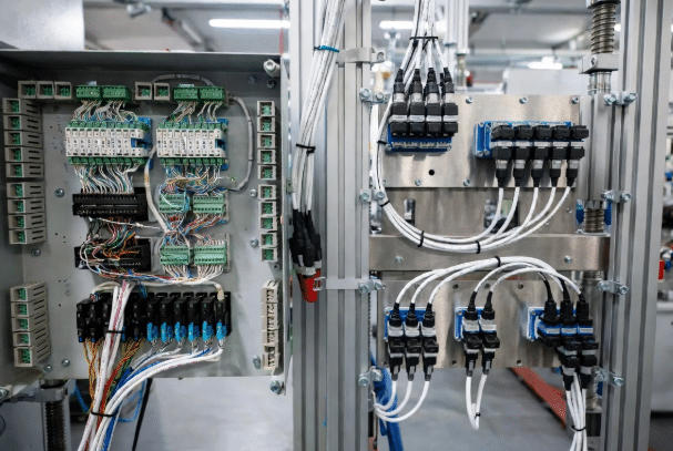 Professional view contrasting cluttered traditional panel wiring with organized modular sensor cable assemblies using M8/M12 connectors on industrial machinery, highlighting cleaner design for OEM automation