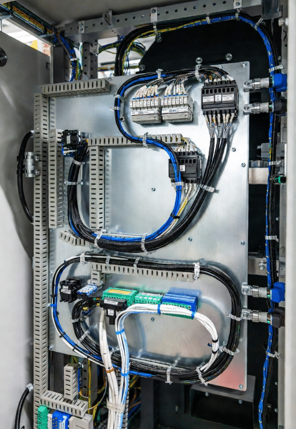 Professional view of well-organized control cabinet showing clearly separated servo power cables, feedback lines, shield clamps, wire ducts, and grounded paths for reliable EMC performance in servo motor systems