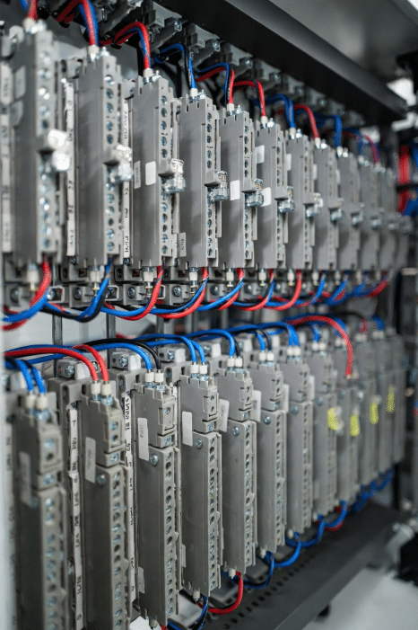 Close-up of PLC input terminal blocks with color-coded sensor cables, fuses, and clear labels for proper sensor wiring best practices in industrial automation