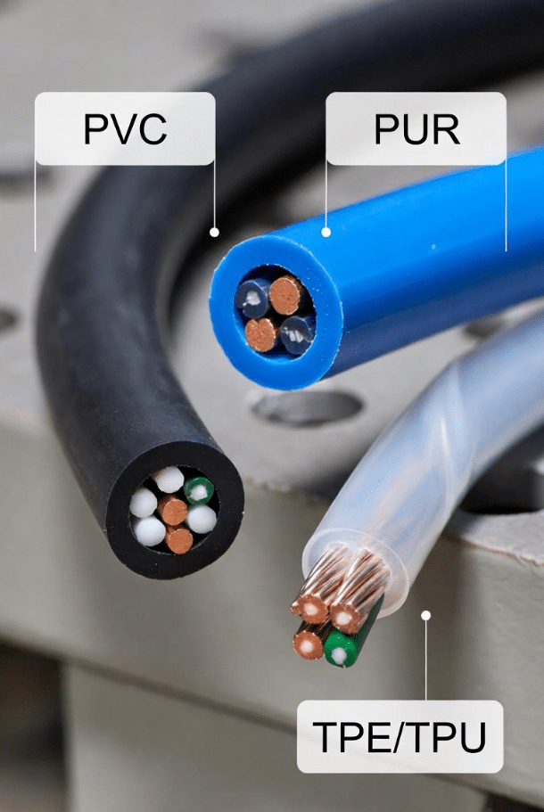 Detailed comparison of PVC, PUR, and TPE/TPU cable jacket materials showing texture, flexibility, and durability differences for torsion robot cables