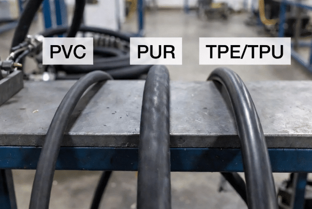 Side-by-side close-up of PVC, PUR, and TPE jacketed drag chain cables demonstrating texture, flexibility, and durability differences for industrial cable carrier use