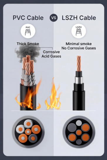 Technical comparison diagram showing thick toxic smoke from burning PVC cable versus minimal smoke and no acid gases from LSZH halogen-free cable, illustrating key safety benefits per IEC standards