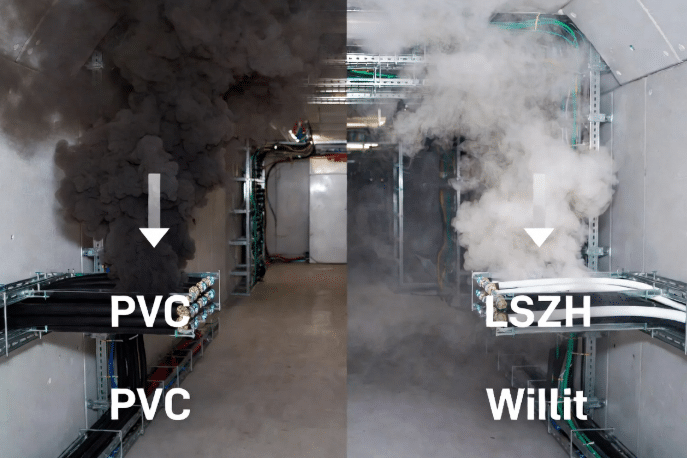 Side-by-side view comparing dense black smoke from burning PVC cables versus minimal white smoke from LSZH cables in a confined industrial or server room setting, demonstrating improved visibility and reduced toxicity for fire safety