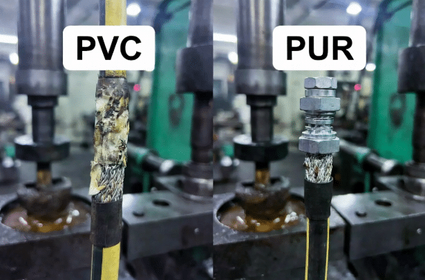 Side-by-side comparison of PVC and PUR jacketed sensor cables in oily industrial machine shop, demonstrating wear resistance differences