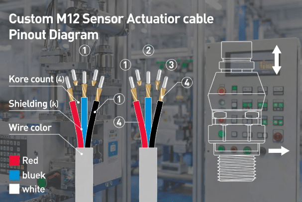 Detailed engineering visualization of connector pinout, signal mapping, core count, and shielding termination for custom sensor and actuator cables in automation applications