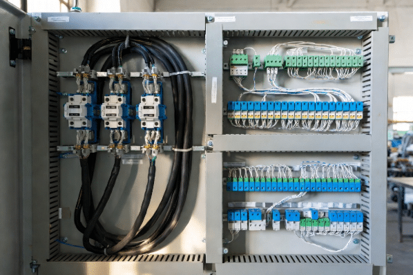 Cutaway of control panel demonstrating physical separation of power wiring and low-level sensor/actuator control circuits using dedicated wire ducts for EMI reduction