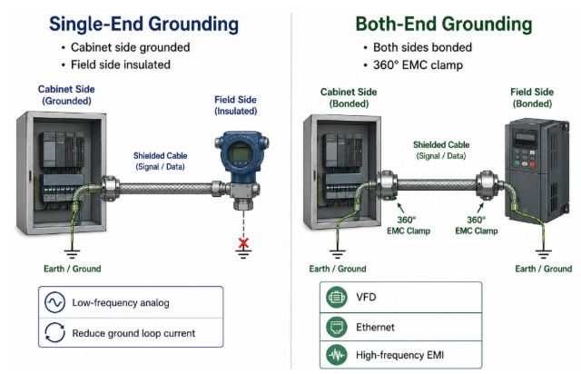Technical diagram illustrating correct shield grounding practices with drain wire connected at control panel for shielded sensor cables to prevent ground loops