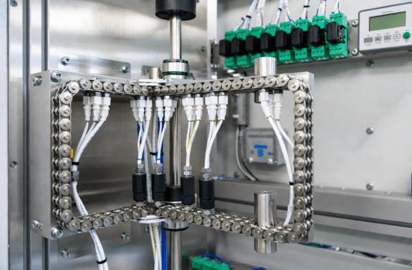 Realistic industrial photo of servo motor cables installed with correct bend radius and spacing to support temperature management and flex life in automation
