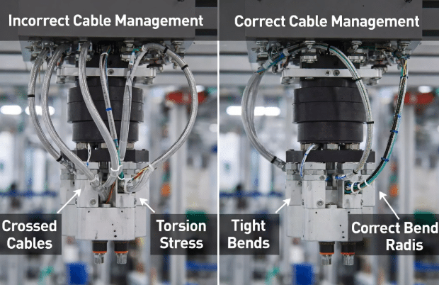 Side-by-side view of robot cable carrier: overcrowded bundle causing torsion stress versus correctly spaced cables with clearance and neutral axis routing in industrial setting