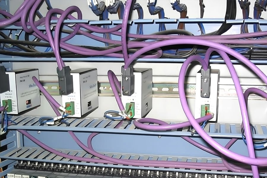 Purple Profibus DP communication cables neatly installed in an industrial control panel, showcasing organized routing and compatibility with Siemens PLC systems