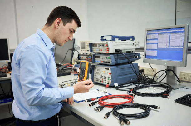 Technician performing quality tests and checklist review on industrial cable samples in manufacturing lab