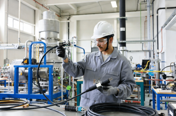 Experienced engineer in manufacturing plant inspecting and comparing standard heat-resistant cable samples with custom silicone cable options, demonstrating professional selection process for industrial projects