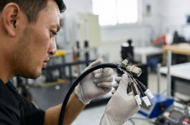 Experienced technician inspecting and testing custom high-temperature silicone cable in factory setting, demonstrating quality control and prototype validation for reliable high-temp service