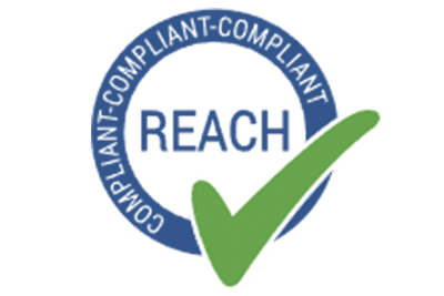 Blue circular REACH compliance logo with green checkmark, confirming adherence to EU regulations on chemical substances in products to protect human health and environment.