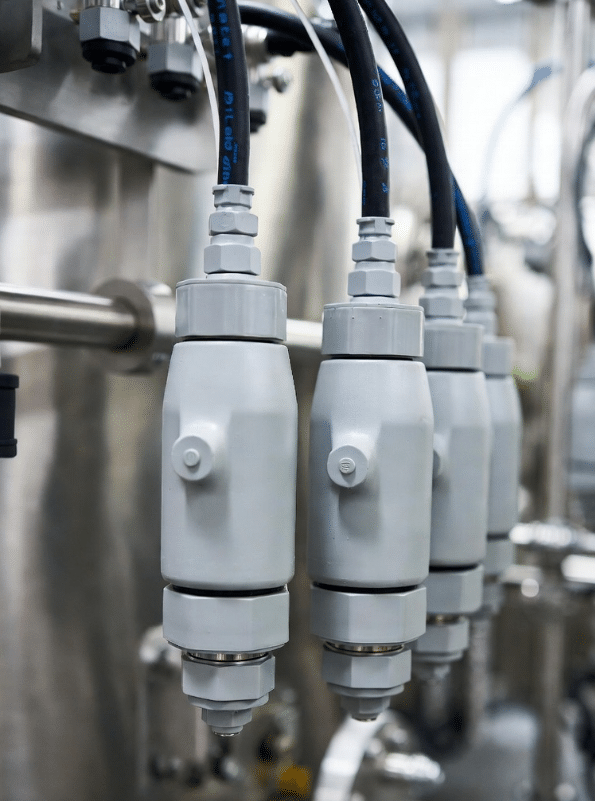 Active food and beverage production line with operators and visible hygienic custom cables ensuring continuous reliable performance