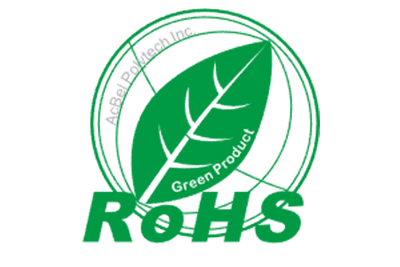 Green leaf RoHS compliance logo indicating restriction of hazardous substances (e.g., lead, mercury) in electrical and electronic equipment per EU directive.