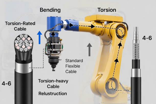 Technical diagram showing torsion stress on 6-axis robot joints with comparison of torsion-rated vs linear flex cable construction for industrial robots
