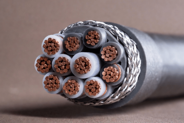 Detailed cross-section of high-flex torsion robot cable showing conductor layout optimized for twisting vs bending stresses in robotics applications