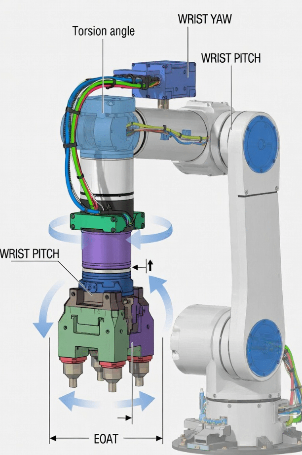Technical diagram illustrating torsion angles, tight bend radii, and cable routing paths at robot wrist and end-of-arm tooling, annotated for custom torsion cable design considerations