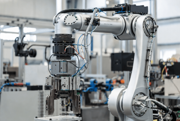 6-axis industrial robot arm wrist joint and end-of-arm tooling showing custom torsion cables under dynamic motion in factory environment, highlighting high-torsion zone for robotics cable design