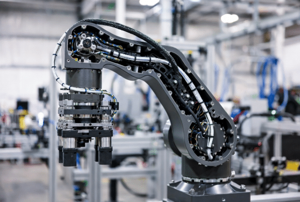 Close-up of complex end-of-arm tooling on compact robot with hybrid torsion cable routed through limited space, demonstrating efficient power control and data transmission