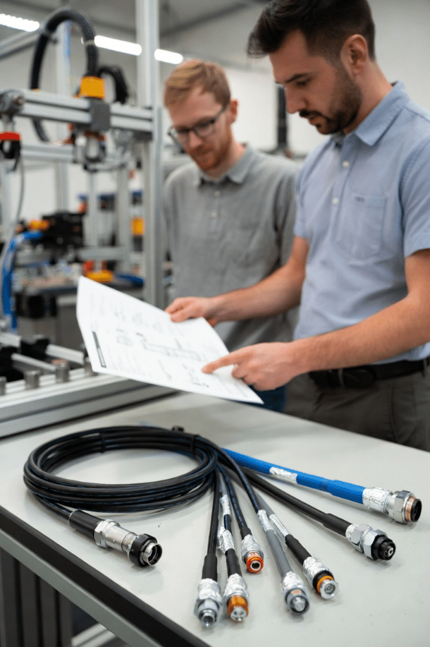 Team of engineers reviewing shielded torsion cable specifications, samples, and connectors for high-EMI robot cell design and signal integrity optimization