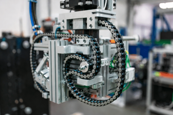 Close view of rotary energy chain guiding torsion cables safely around tight rotary axis on compact robot, demonstrating reliable cable management in limited space