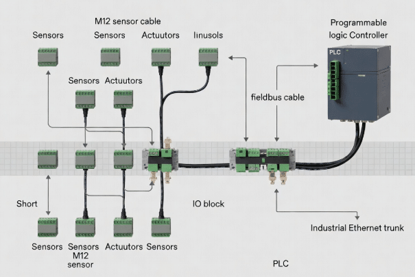 Technical diagram showing sensors and actuators wired via M12 sensor actuator cables to local IO modules, then connected by fieldbus and Industrial Ethernet cables to PLC in automation network