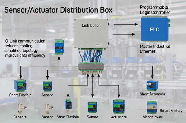 Technical diagram showing local sensor and actuator clusters connected to distribution boxes feeding IO-Link and Industrial Ethernet in smart factory cabling architecture for Industry 4.0