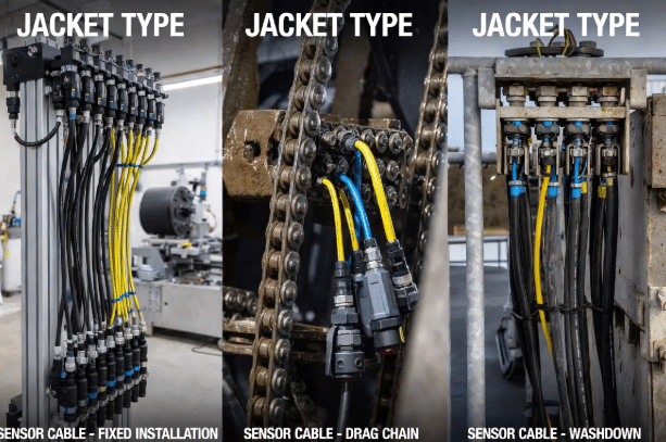 Realistic scenes of sensor cables in fixed indoor, oily drag chain and outdoor washdown environments matched with appropriate PVC, PUR and TPE jackets