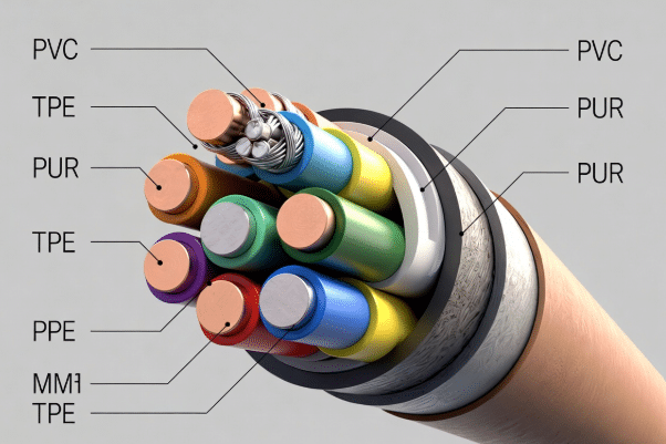 Detailed technical cross-section of multi-core sensor cable displaying inner conductors, insulation and outer jackets labeled as PVC, PUR and TPE for industrial applications