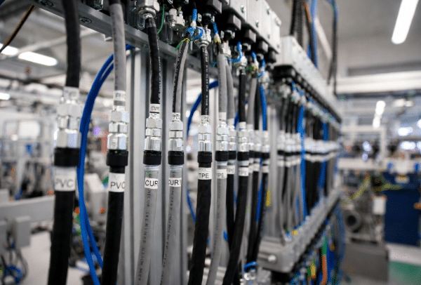 Realistic view of industrial sensor cables featuring PVC, PUR and TPE jackets installed on factory automation equipment with clear material labels, highlighting differences for harsh industrial environments