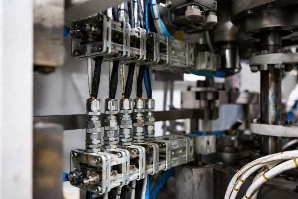 Close-up of high-flex sensor and actuator cables with PUR jackets installed in cable carriers on industrial machinery, showing real factory conditions and connection points for maintenance inspection