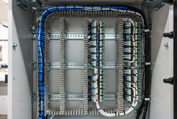Neatly installed separate shielded power cable and feedback cable in automation cable carrier demonstrating disciplined routing and EMC practices in machine design