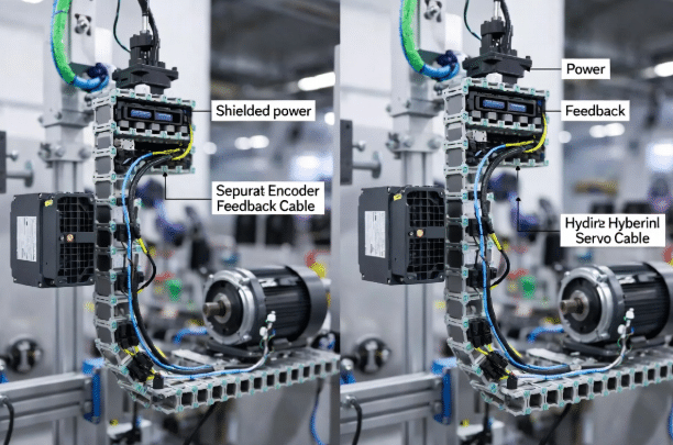 Side-by-side comparison of servo motor setups showing separate power and feedback cables versus a single hybrid servo cable in a modern machine with cable carrier and drive, highlighting routing differences for new equipment designs
