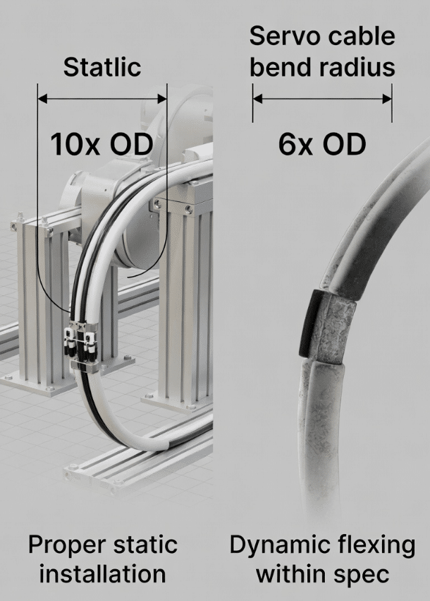 Technical diagram showing minimum bend radius requirements for servo motor cables in static installation versus continuous flex in cable carriers, with OD multiples and proper routing examples for industrial machinery